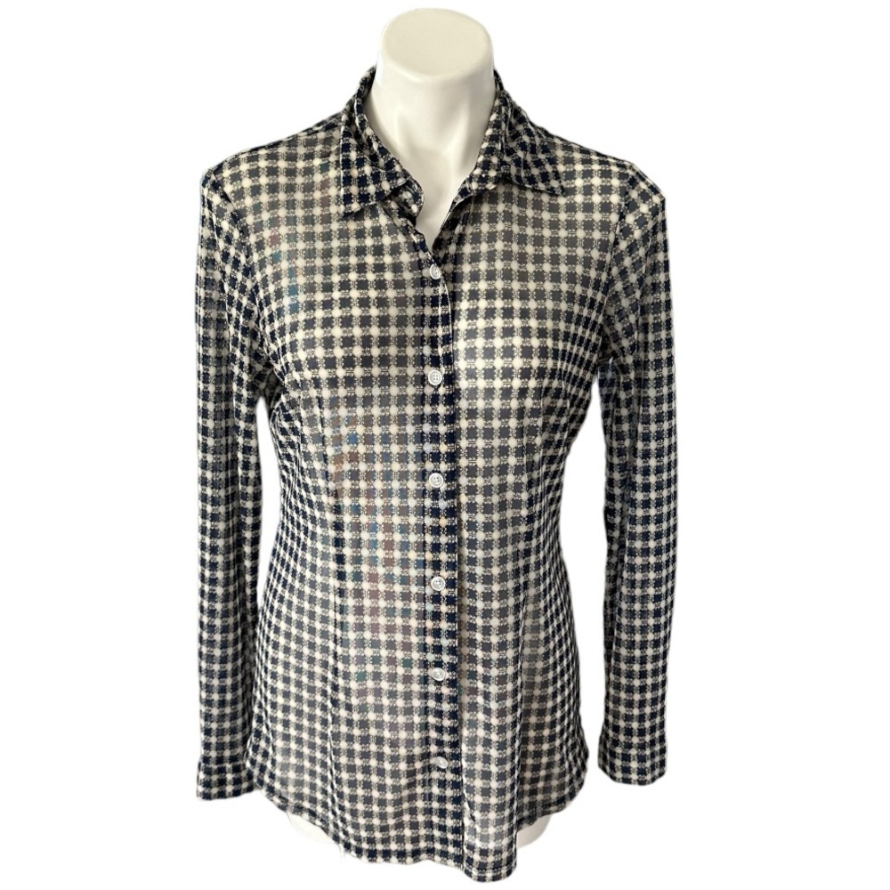 CAbi Style 736 Mesh Plaid Navy Button Down Shirt Size M